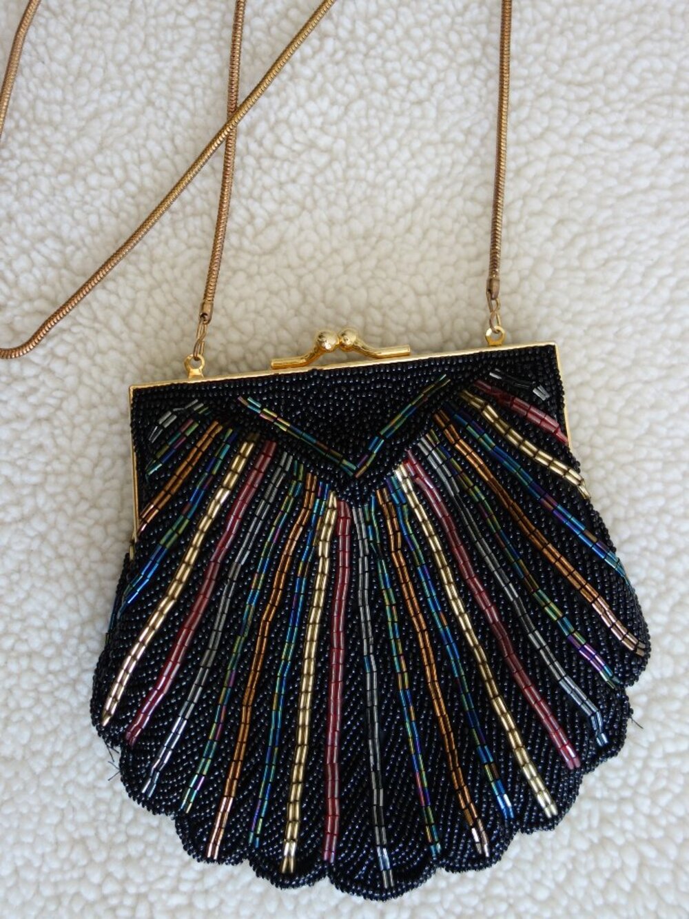 EUC CARLA MARCHI Hand Made Black Beaded Scalloped Evening Bag w/ chain